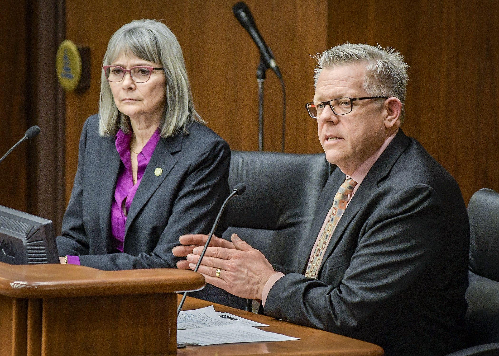 Steve Morse, executive director for Minnesota Environmental Partnership, testifies before the House Environment and Natural Resources Finance Division March 14 in support of a bill sponsored by Rep. Ginny Klevorn, left. Photo by Paul Battaglia